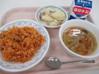 チキンライス　ジャーマンポテト　野菜スープ