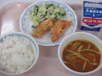 ささみの天ぷら　いんげんサラダ　カレースパゲッティ