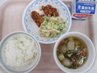鶏肉のレモン揚げ　マカロニサラダ　けんちん汁