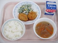 鶏のつくね　いんげんサラダ　春雨スープ