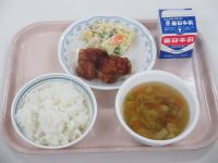 鶏肉のレモンあげ　ポテトサラダ　野菜スープ