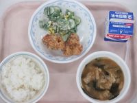 鶏のから揚げ　いんげんのサラダ　みそ汁
