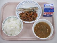 ししゃものから揚げ　糸こんソテー　みそ汁