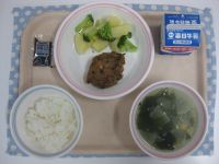 ごはん、豆腐ハンバーグ、ゆで野菜、やさいスープ