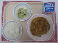 ごはん、ぶた肉のケチャップ煮、ごぼうサラダ