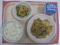 ごはん、ぶた肉の五目きんぴら、ハリハリサラダ