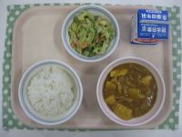 ごはん、とうふのカレー煮、ブロッコリーサラダ