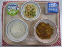 ごはん、ぶた肉のケチャップ煮、大根サラダ、ヨーグルト