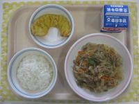 ごはん、チャプチェ、かぼちゃの天ぷら
