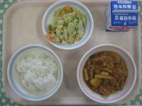 ごはん、ぶた肉のケチャップ煮、ブロッコリーサラダ