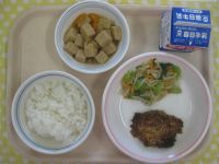 ごはん、とり肉のパン粉焼き、ちんげんさいのナムル、高野のにもの