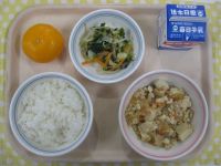 ごはん、あつあげのあんかけ煮、中華風サラダ、みかん