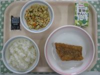 ごはん、くまのなまずのフライ、とふの粉のにもの、白ぶどう＆ほうれん草のジュース※新宮市産のくまのなまずを使用しています。