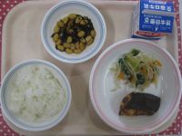 ごはん、さかなの照り焼き、チンゲン菜のナムル、大豆の磯煮