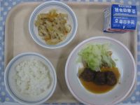 ごはん、肉団子の甘酢あんかけ、ゆでキャベツ、切干し大根の煮物