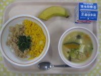 三色丼、みそ汁、バナナ