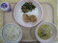 ジョア、ごはん、鶏肉の梅酢揚げ、おかかあえ、白菜のみそ汁