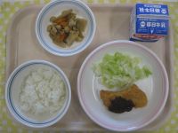 ごはん、なまずのフライ、ゆでキャベツ、五目豆