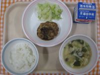ごはん、豆腐ハンバーグ、ゆでキャベツ、じゃがいものみそ汁