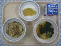 とりごぼうご飯、かぼちゃの天ぷら、そうめん汁