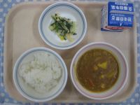 ごはん、豆腐のカレー煮、ポパイマヨサラダ