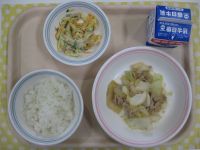 ごはん、豚肉の生姜焼き、マカロニサラダ