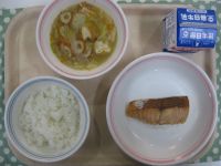 ごはん、サケのしおやき、はくさいとあつあげのにもの