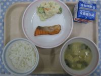 ごはん、しゃけの塩焼き、ポテトサラダ、豆腐のみそ汁