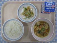 ご飯、親子煮、ごまみそずあえ
