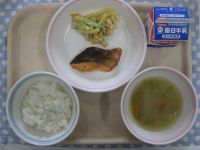 ご飯、しゃけの塩焼き、マカロニサラダ、具だくさんみそ汁