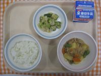 ご飯、肉じゃが、枝豆とツナのサラダ