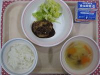 ご飯、豆腐ハンバーグ、ゆでキャベツ、スープスパゲティ