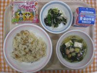 ～ひなまつりこんだて～きんぴらずし、なのはなのあえもの、すまし汁、ひなあられ