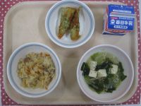 たけのこごはん、ちくわの磯部揚げ、わかめスープ