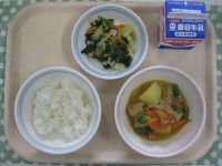 ご飯、肉じゃが、ほうれん草とツナのサラダ