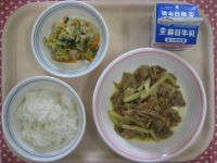 ご飯、五目きんぴら、ハリハリサラダ